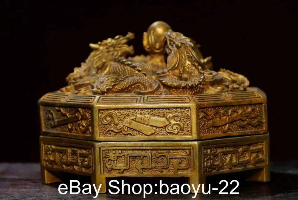 Qianlong Pure Bronze Gilt Dragon Loong Beast 8 Auspicious Symbol 3 Legs Censer