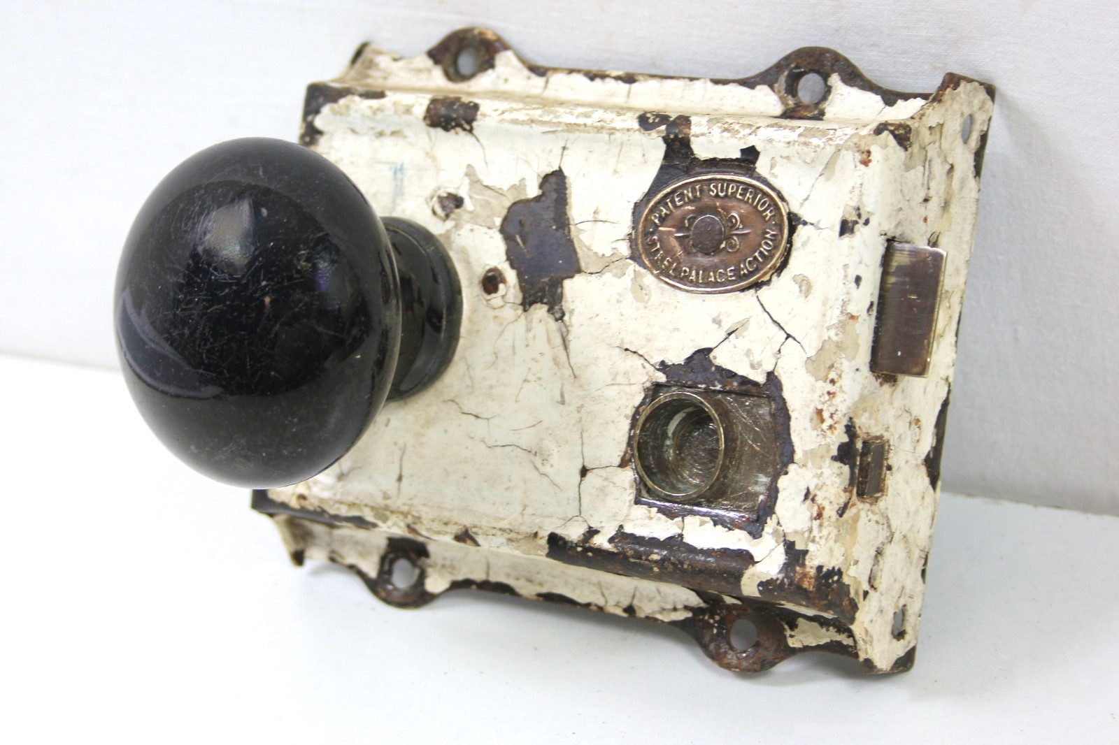 Victorian Rim Lock c1870–1900 Patent Superior Steel Palace Action – Ceramic Knob