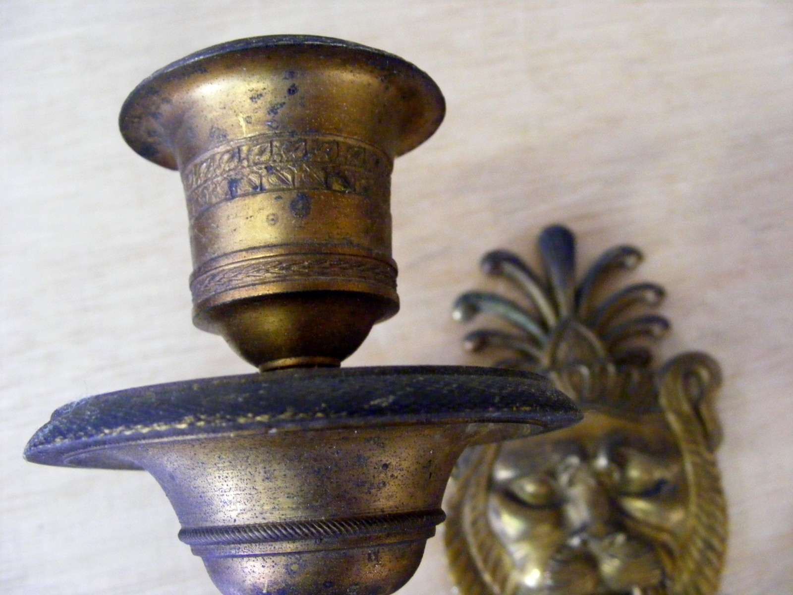 RARE ANTIQUE PAIR SOLID BRASS CANDLE WALL SCONCES-FRENCH-NEO CLASSIC-LIONS HEAD