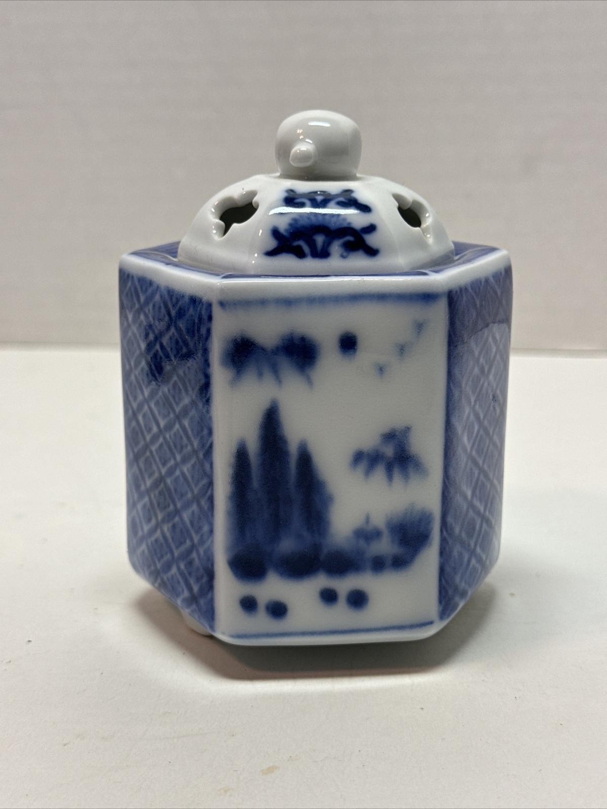 Vintage Small Blue and White Footed Porcelain Incense Burner Asian Celadon Green