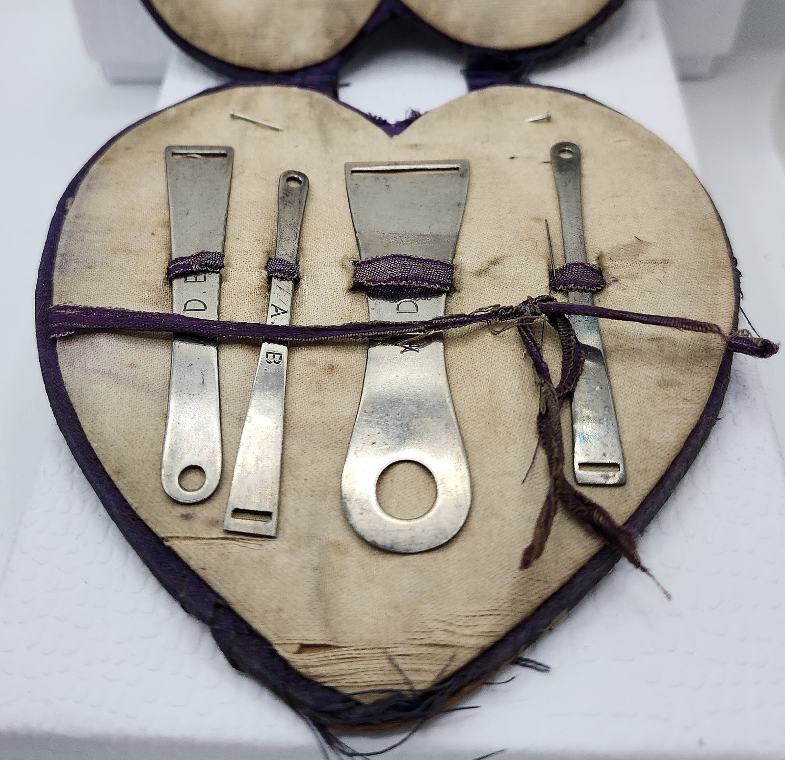 Antique Victorian 4 pc in Heart Case Sterling Silver Bodkin Ribbon Threader Set