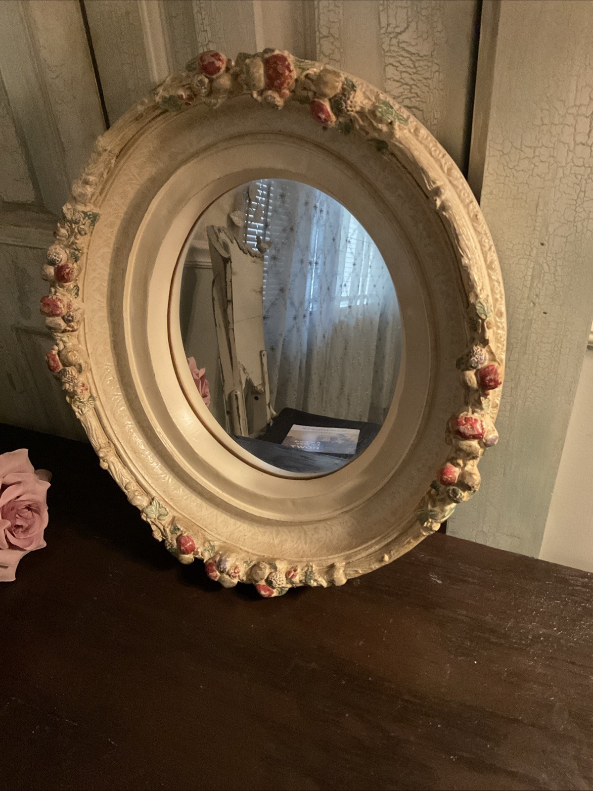 Vintage Rose Floral Oval Mirror with Carved Floral Lightweight Frame