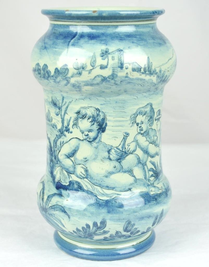 ANTIQUE CANTAGALLI ITALIAN MAJOLICA ALBARELLO PHARMACY JAR – CHERUBS – 7 1/8″