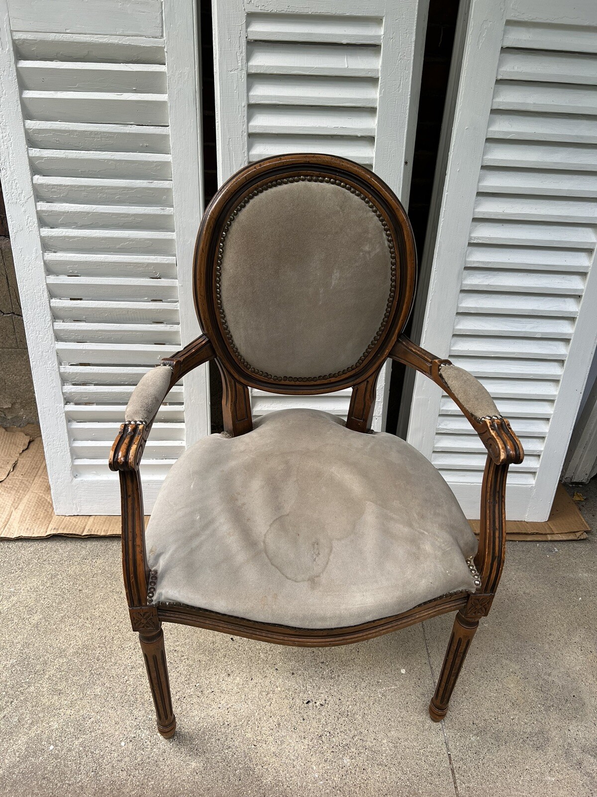 Italian Chateau d’Ax Carved Armchair, Brass NailHeads, Soiled Velvet
