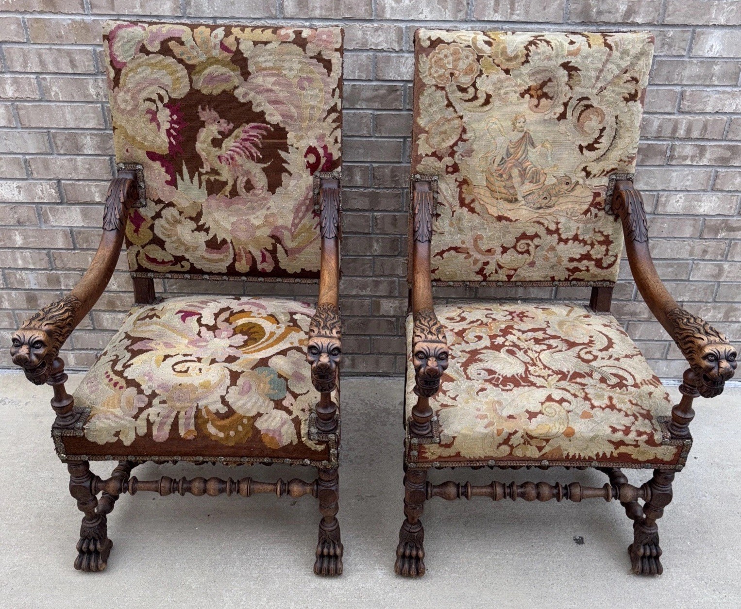 Louis XIII Style 1900 Carved Lion Head Claw Feet Tapestry Throne Accent Chairs