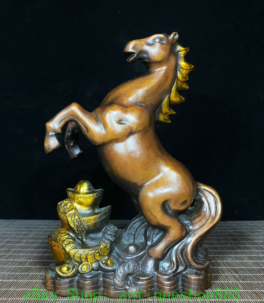 9” Old Chinese Bronze Gilt Yuanbao Coin 12 Zodiac Year Animal Horse Statue