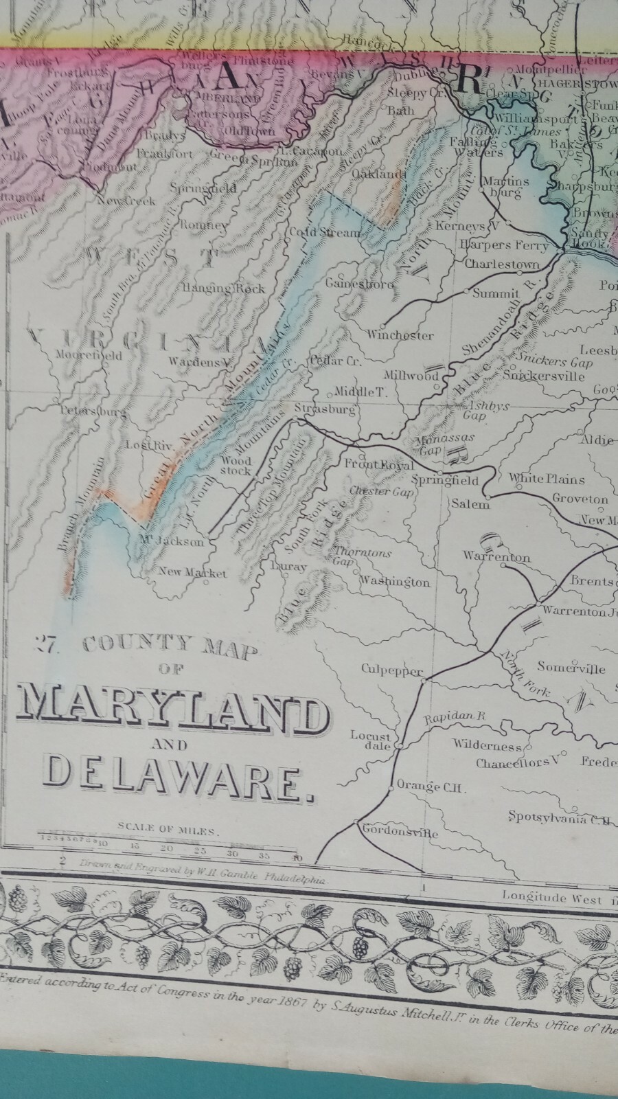 1867 County Map of New Jersey & County Map of Maryland and Delaware hand-colored