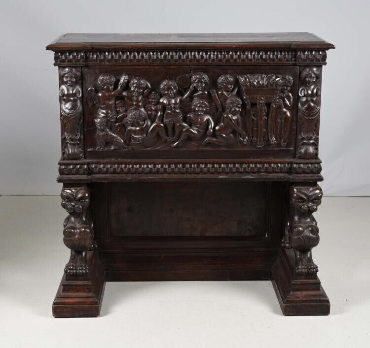 ANTIQUE CONTINENTAL CARVED DROP FRONT FIGURAL CARVED DESK W WINGED DRAGONS