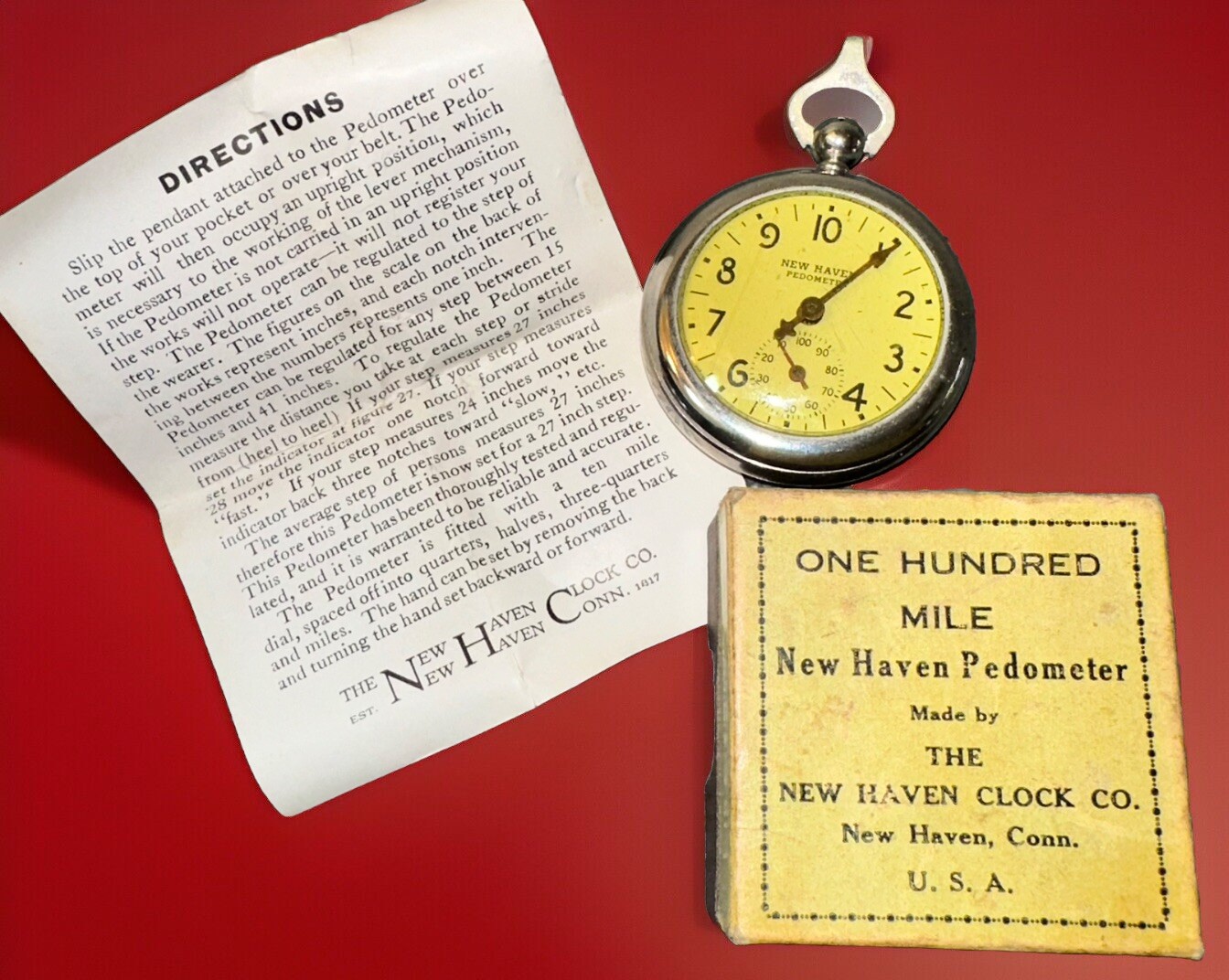 Antique Pedometer Original Box New Haven Clock Co Pocket Style w/ Instructions