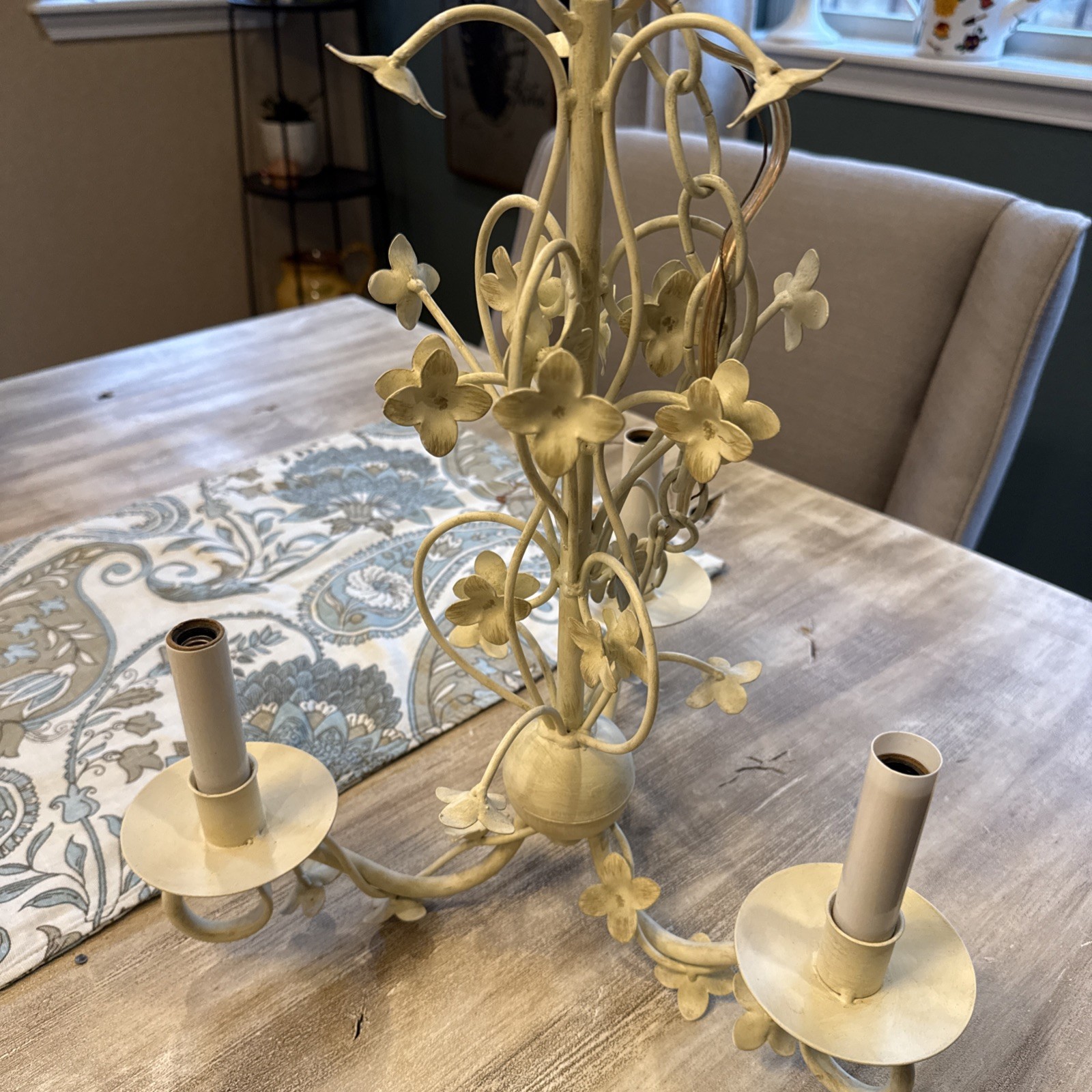 VINTAGE Italian TOLE CHANDELIER Flowers with 3 Arms Cream Flowers