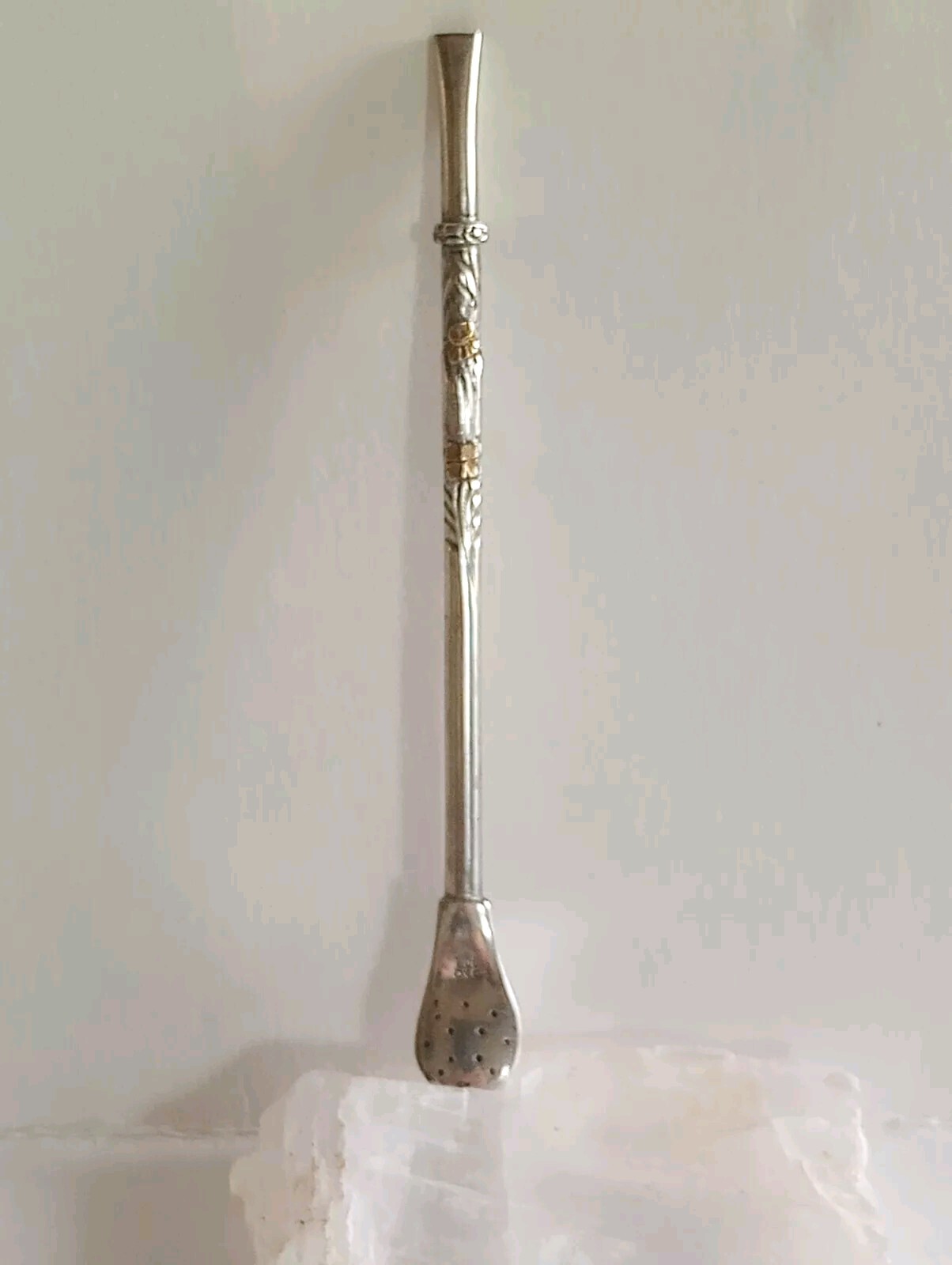 RETRO 800 SILVER TEA STRAINER COCKTAIL STRAW GILDED ROSE GOLD SIGNED 1900-1940