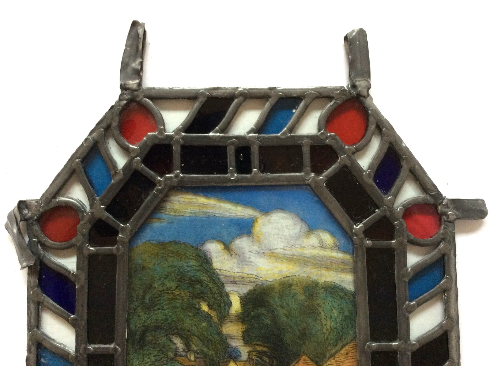 STAINED AND PAINTED LANDSCAPE GLASS ANTIQUE PANEL .SIGNED? VGC. 1 0F 2 RESCUED.