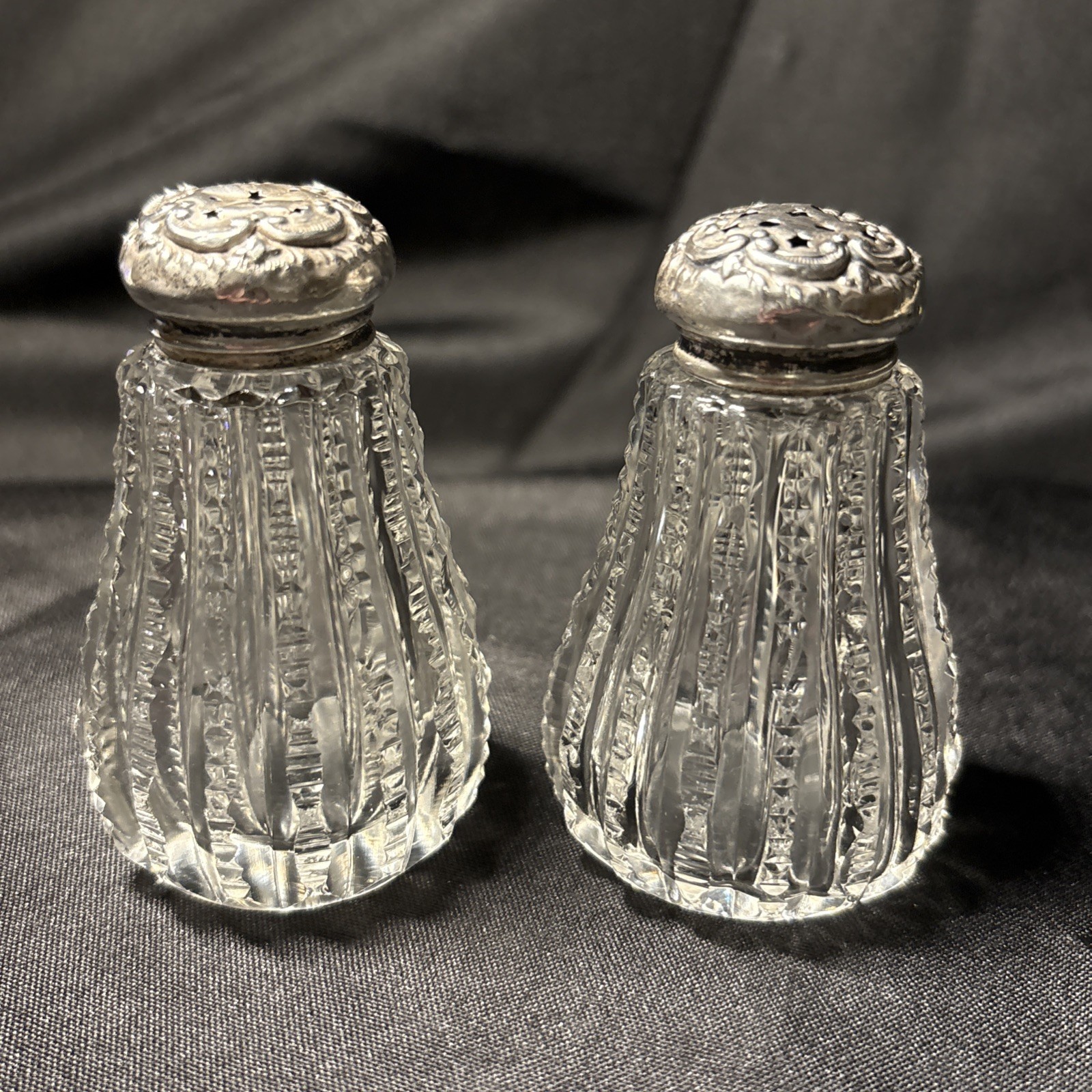 Vintage S & P Cut Glass w/ Gilded Sterling Lids By Pitkins & Brooks 1890-1915