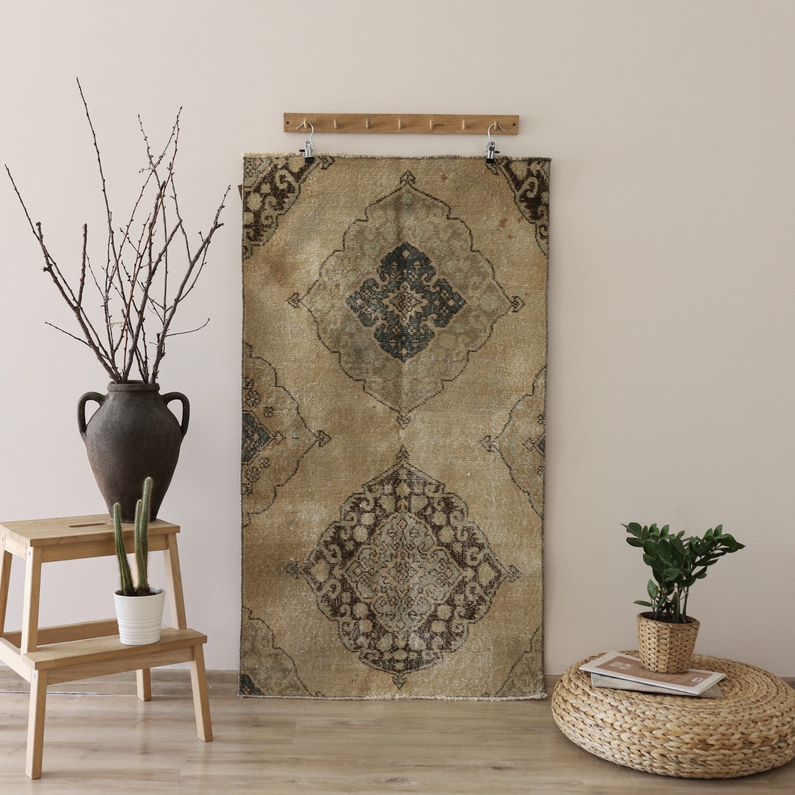 3×5 ft Vintage Turkish Runner Rug Hand Knotted Muted Beige Oushak Runner