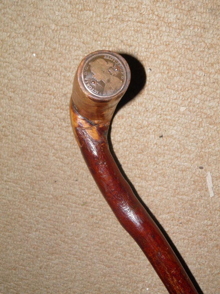 Victorian Rustic Walking Stick W/ Queen Victoria Penny Coin Fritz Handle – 87cm