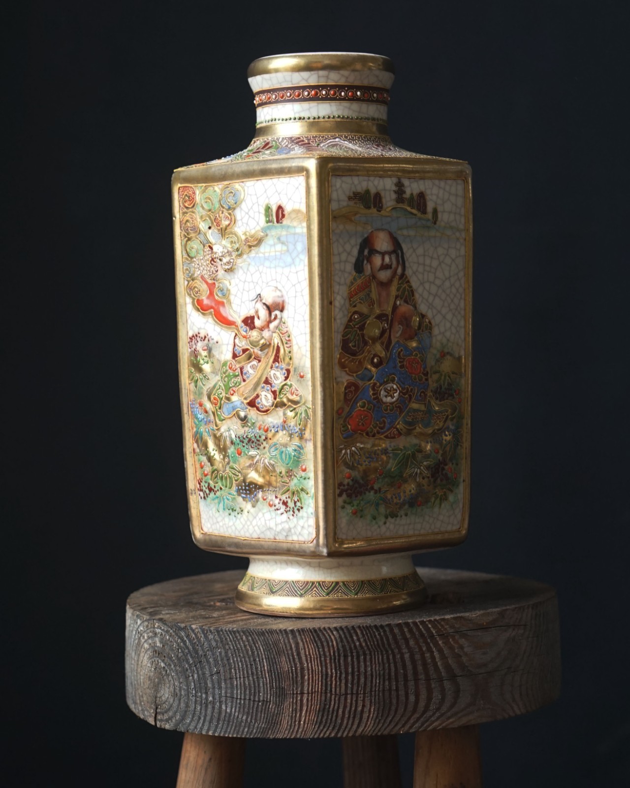 Antique Japanese Satsuma Square Vase Meiji Period Hand Painted 26cm Signed