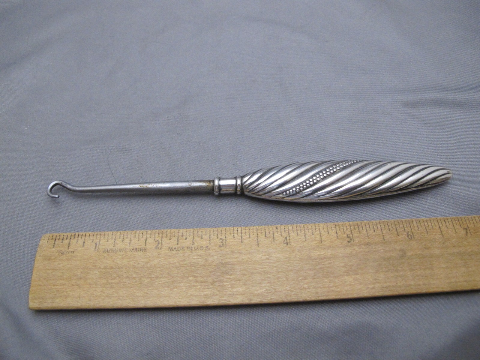 Fine VICTORIAN Sterling Handle BUTTON HOOK-Beaded Swirl Handle-Frank M. Whiting