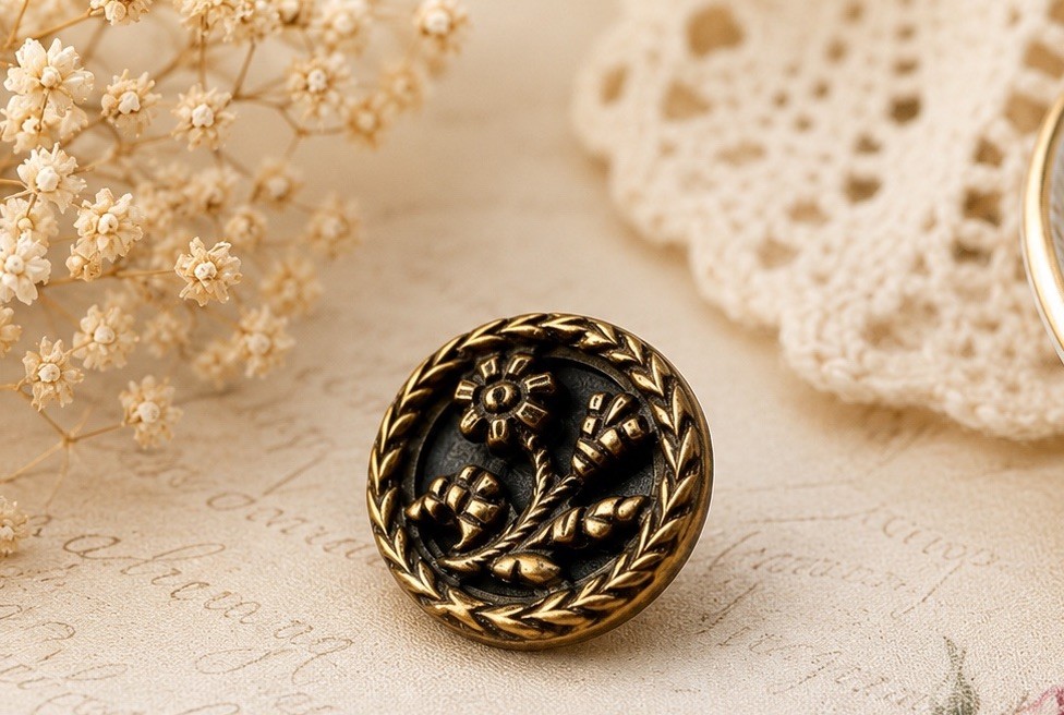 Vintage Brass Floral Shank Button Enamel Accent Art Nouveau 15mm Flower Round