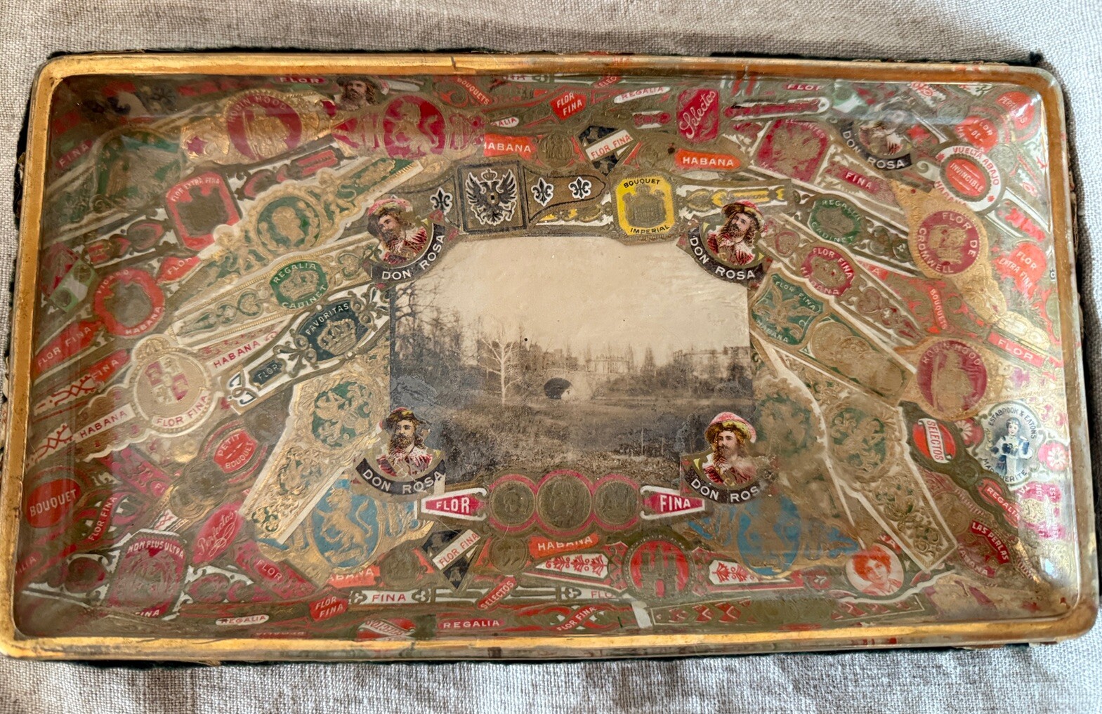 Antique Folk Art Rectangle Glass Dish Cigar Bands Photograph Bridge B & W Gold