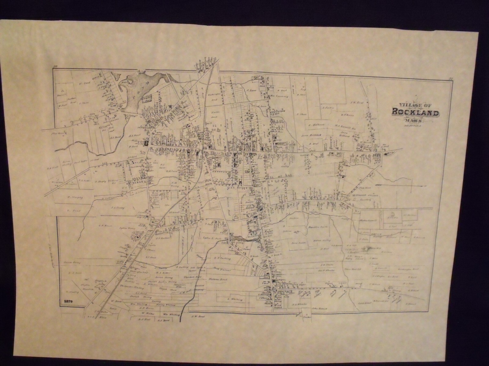 1879 VILLAGE OF ROCKLAND, MASSACHUSETTS 23″ BY 17″ ~ 500′ TO 1″ SCALE MAP