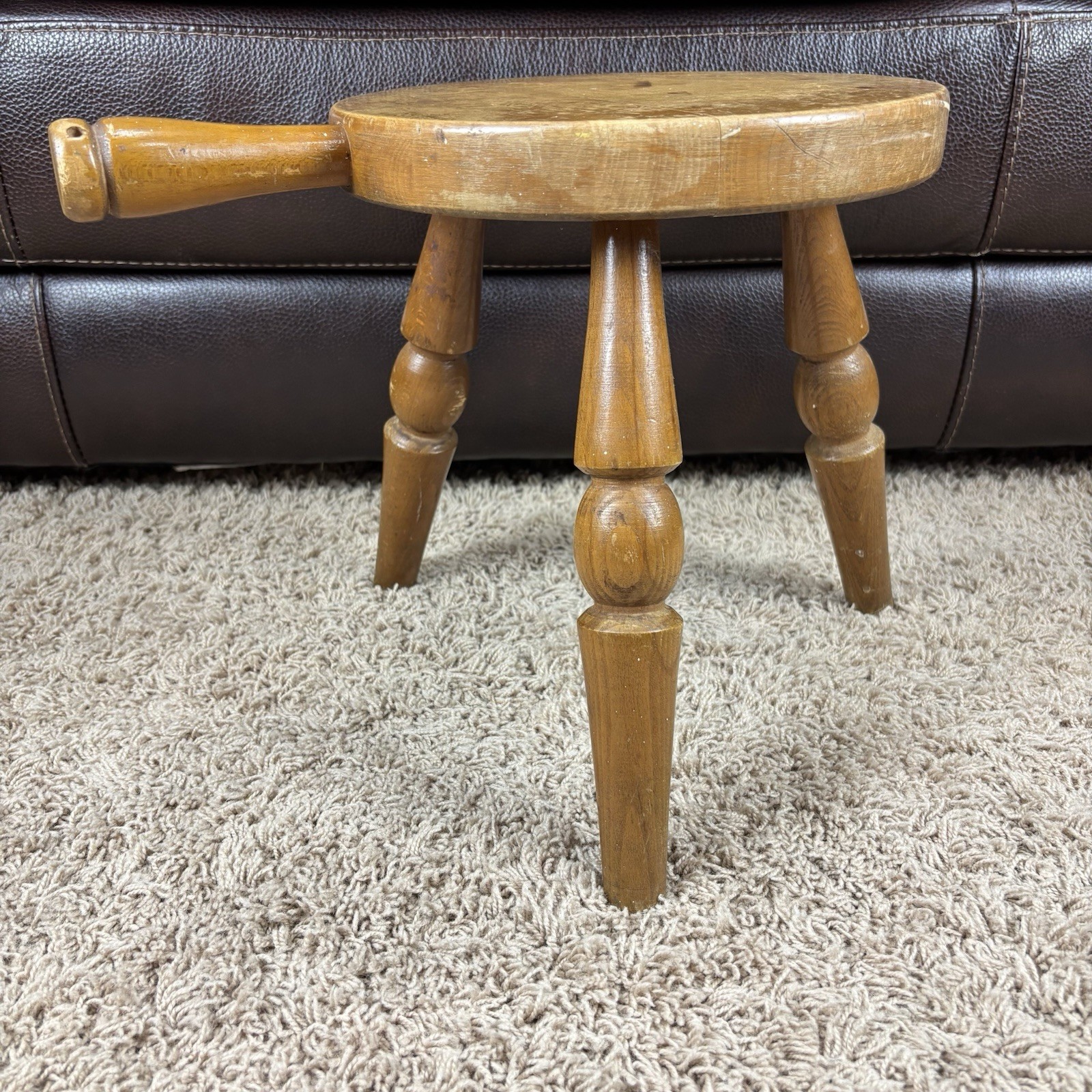 VTG MCM Wooden 3 Leg Milking Stool w/ Handle Authentic Furniture Products 11.5”
