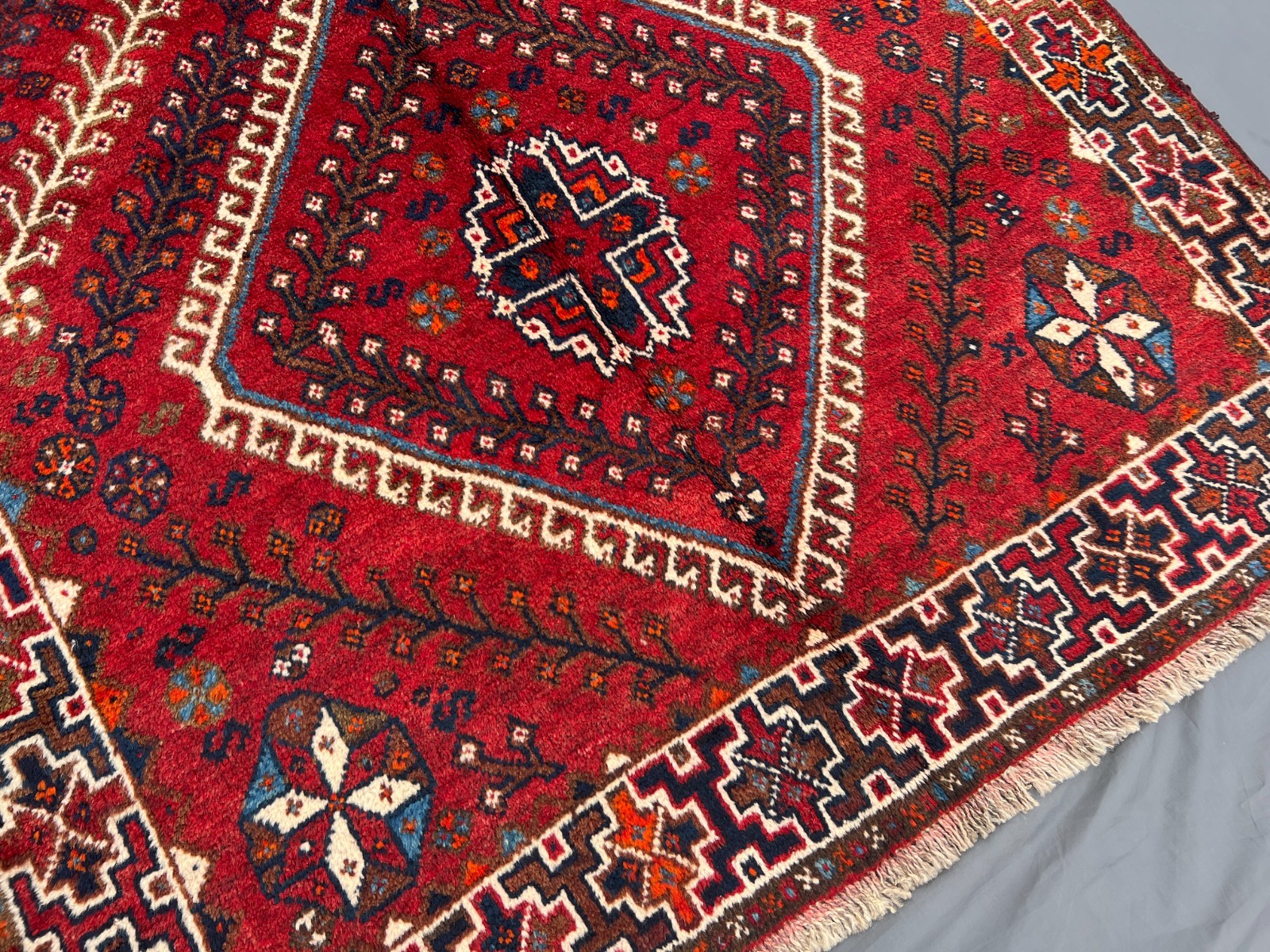 4’1×5’7ft Caucasian Tribal Double Diamond Medallion Handknotted Wool Vintage Rug
