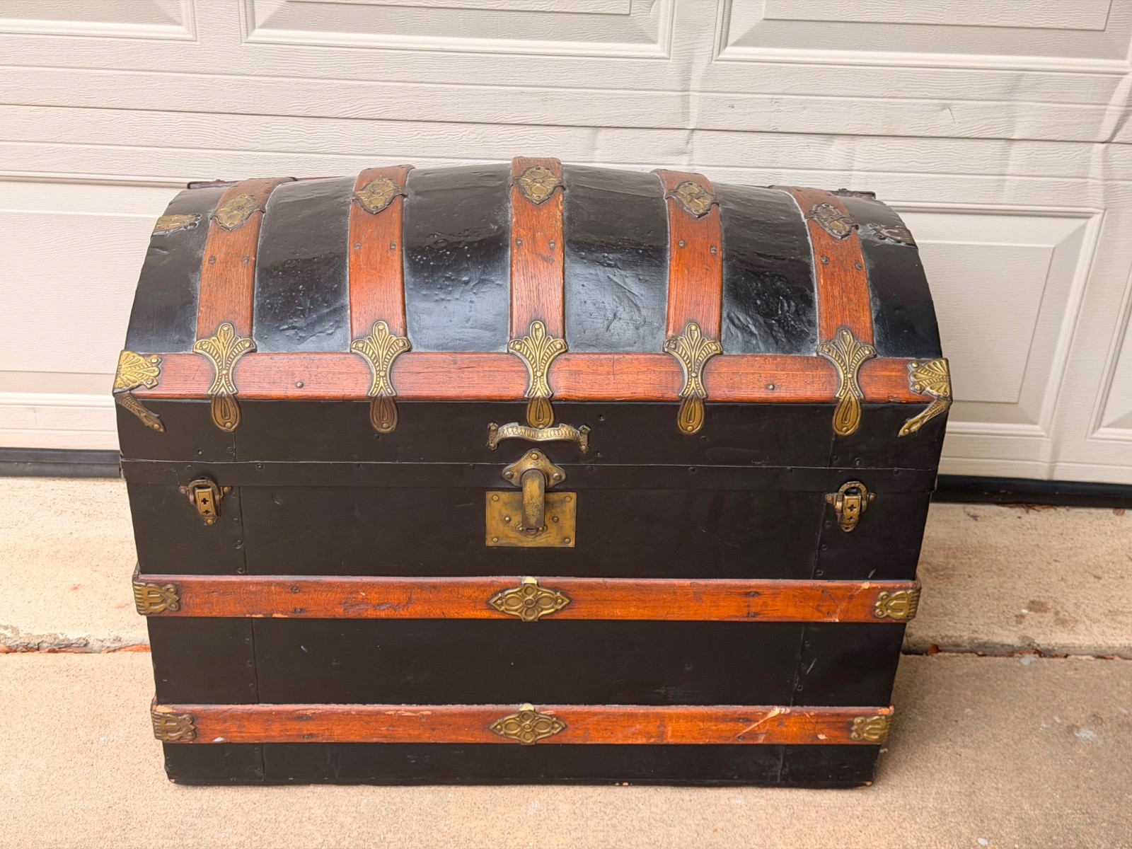 Antique Dome Top Trunk – Victorian Camel Back Wood Steamer Storage Chest 32″