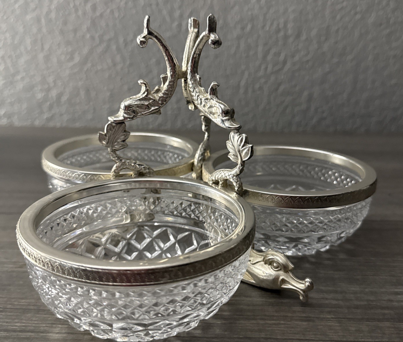 VTG Triple Condiment Server Diamond Cut Glass Bowls Silverplate Leaping Dolphins