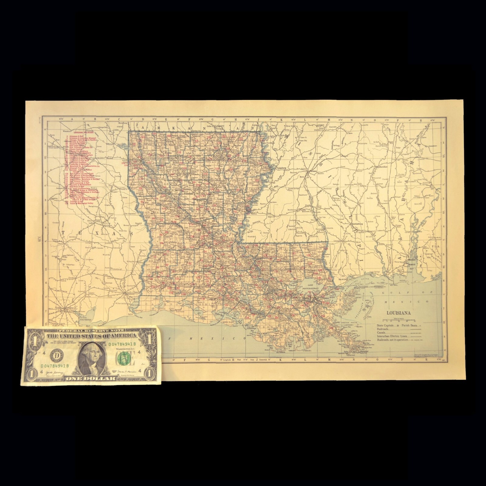 Vintage Map of LOUISIANA Railroad Map LARGE T&P RW Texas Pacific Railway