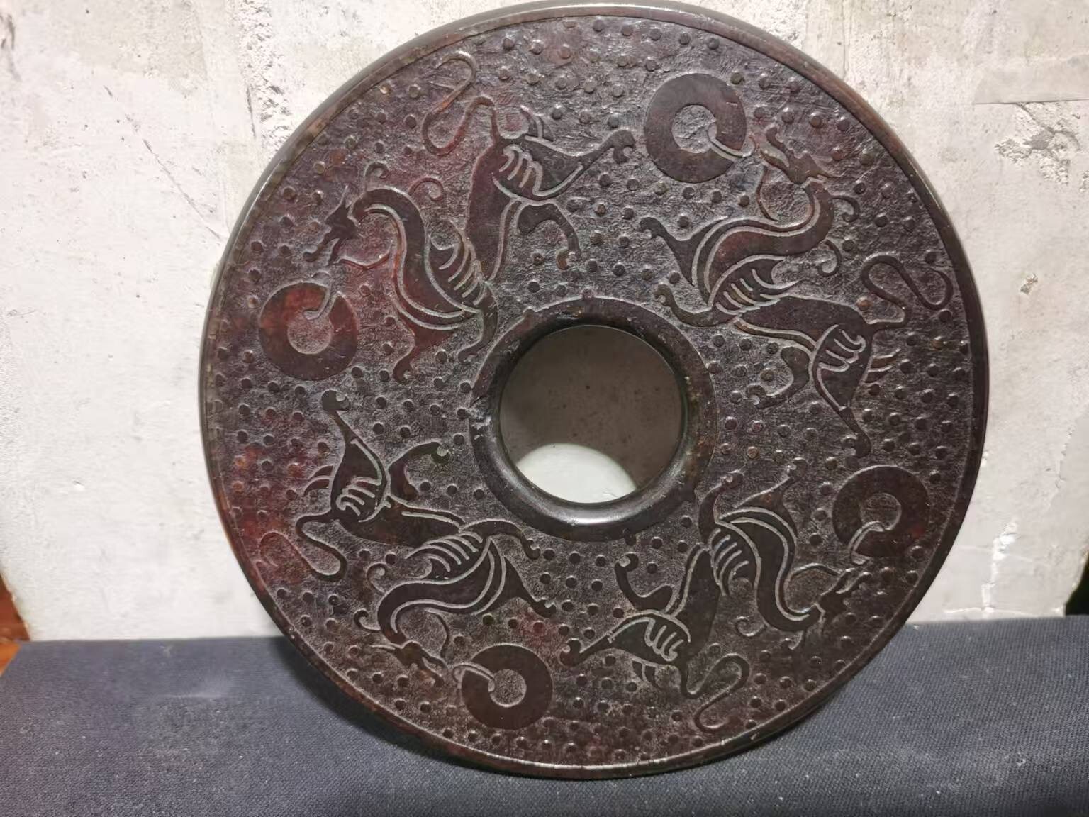 Old jade bi,Chinese Jade ware Carved relief Four Divine Beasts animals round