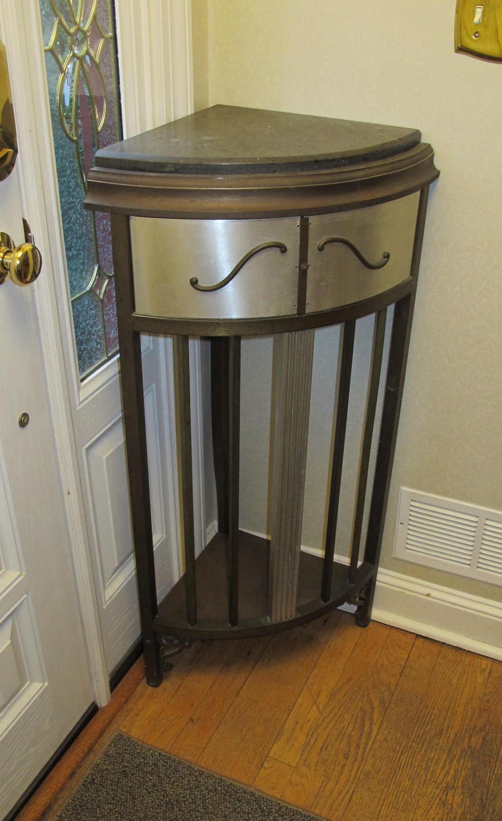 antique brass or bronze corner table pedestal – slate (or stone ?) top