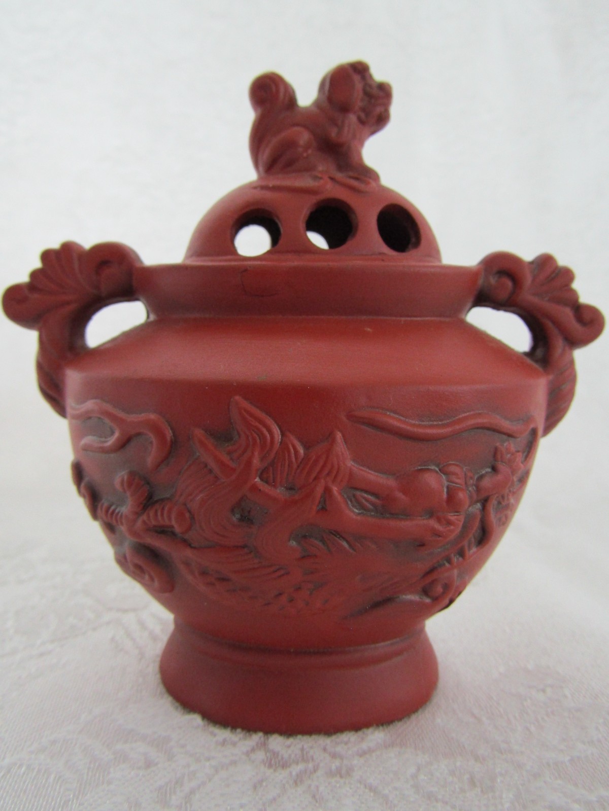 Vintage Chinese Yixing Zisha Red Clay Dragon Incense Burner Censer Foo Dog Lid