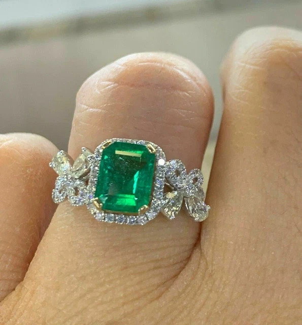 2.50Ct Lab-Created Green Emerald Halo Engagement Ring 14K White Gold Plated