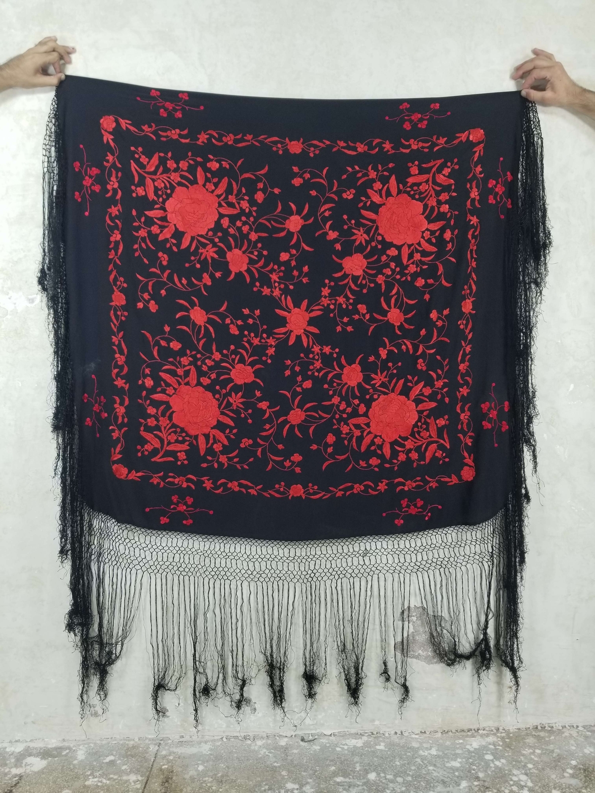 Antique Chinese Hand Embroidered Silk Floral Piano Shawl 110x104cm