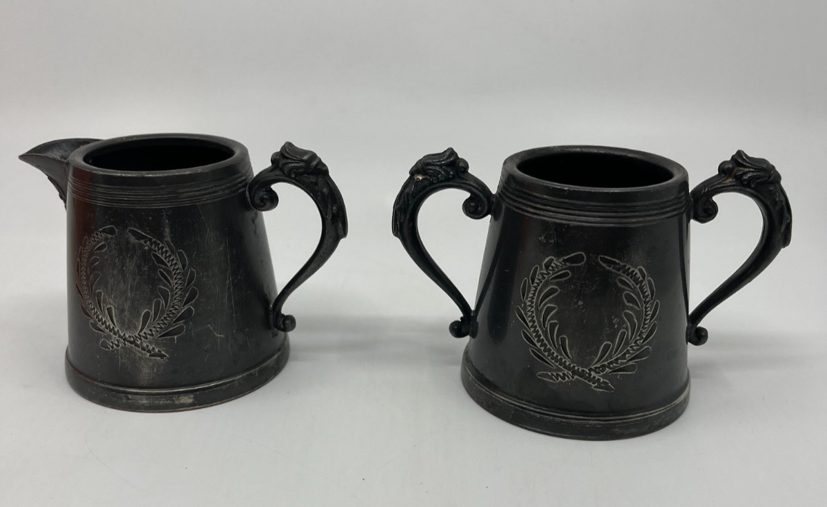 Antique J. Rogers Silver Co. Creamer & Sugar Set – Laurel Wreath Etched – Ornate