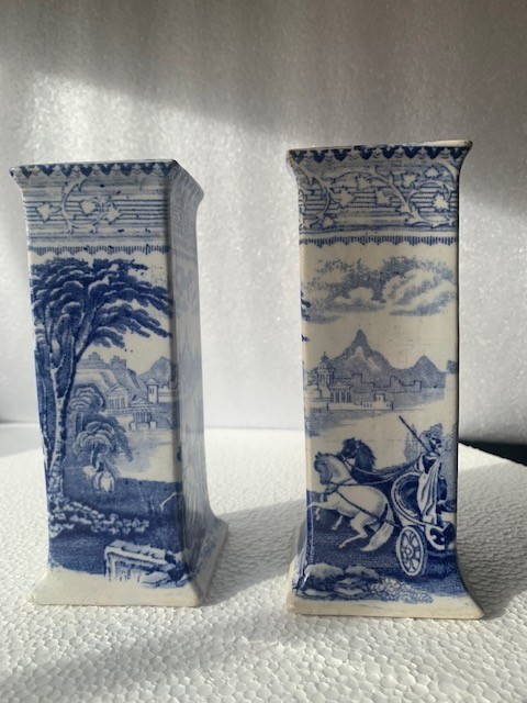 Rare Pr Transferware Blue Arcadian Chariots Pattern Vases