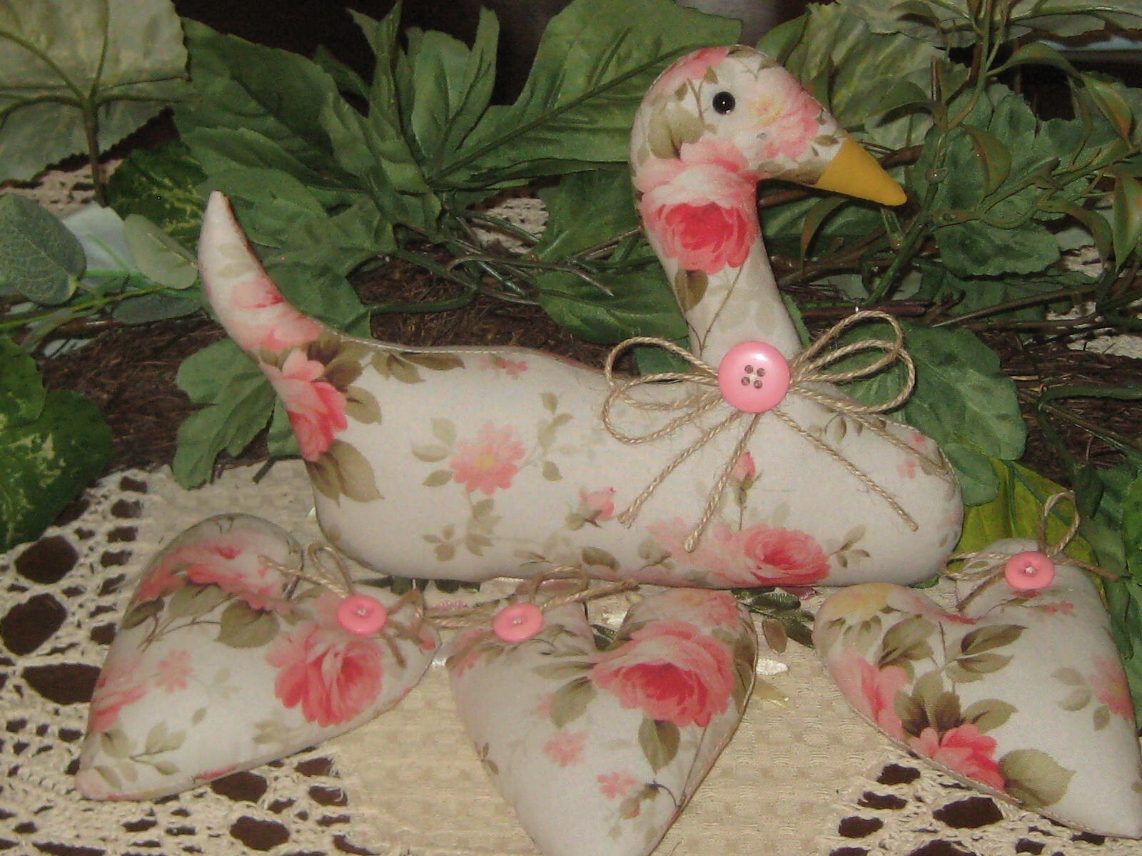 Cottage Decor Swan 3 Hearts Bowl Fillers Blush Pink Rose Fabric Wreath Accents