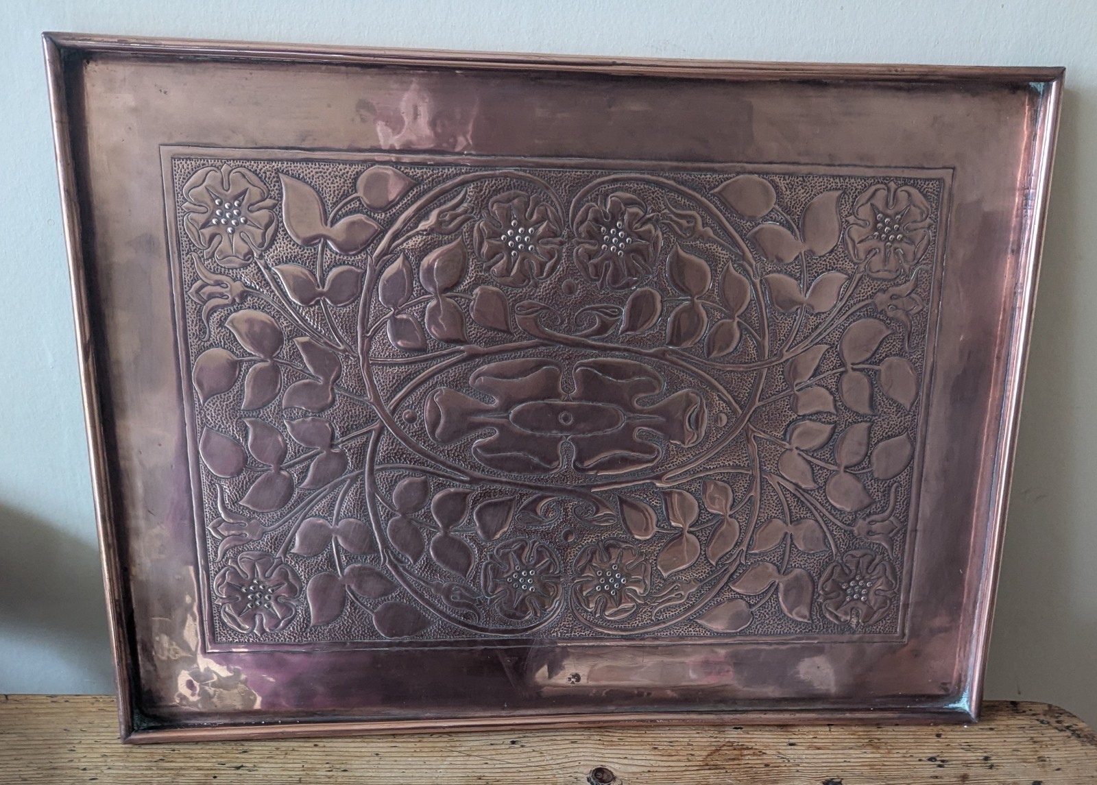 Antique Keswick School Of Industrial Art Rect. Copper Tray Tudor Rose 20.5x15in