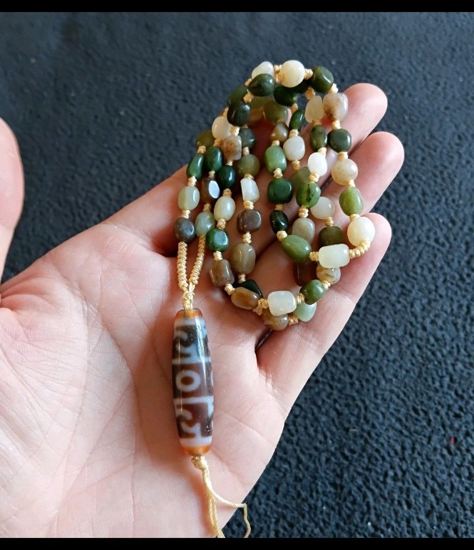 Tibetan Agate/ Hetian Jade Pre 1800s Lianshi 3 Eye Dzi Bead Prayer Necklace