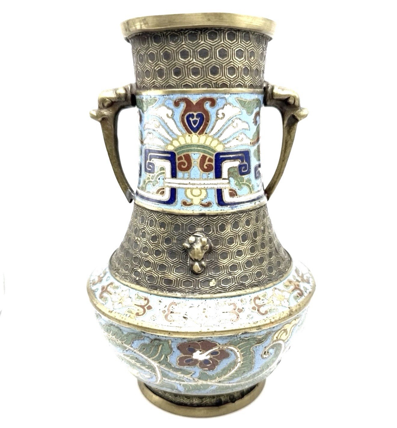 Antique Chinese Champleve Enamel Cloisonne Vase Brass Bronze Geometric Floral 9”