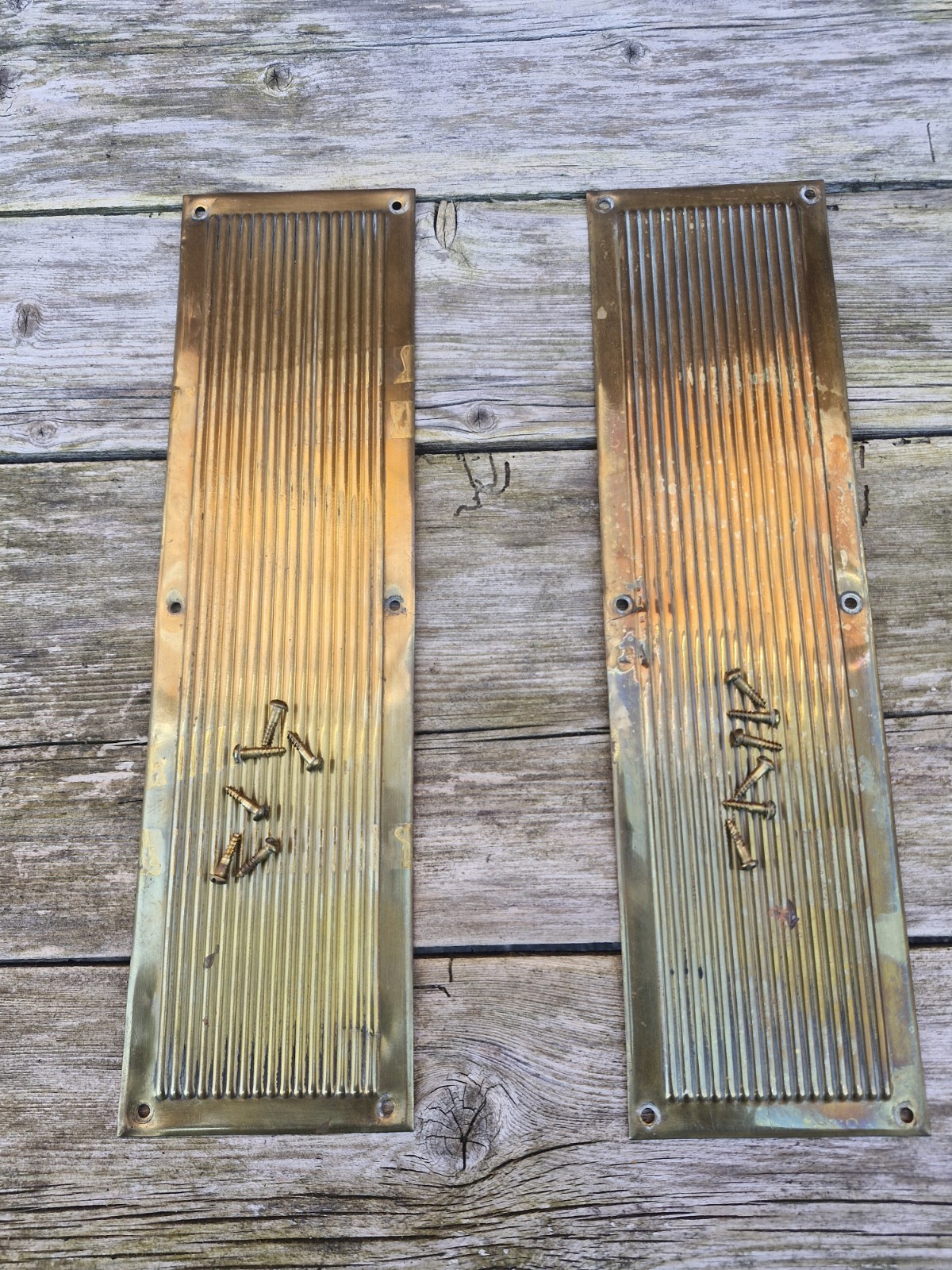 Pair Of Solid Brass Antique Ribbed Door Finger Plates