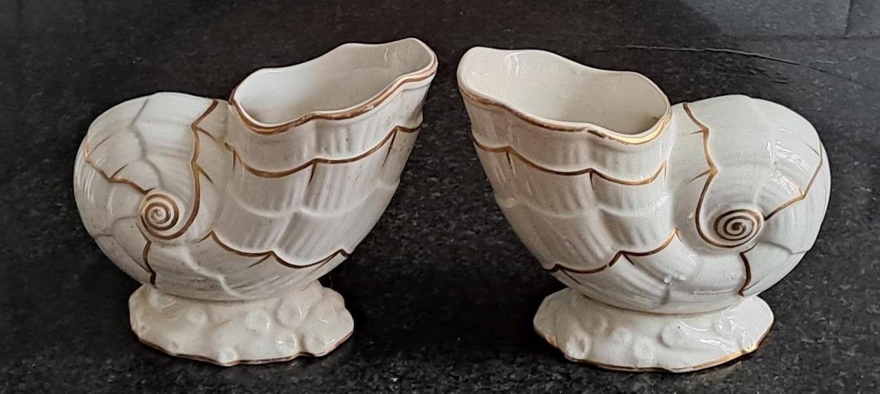 Pair of Antique Nautilus Gilded Pottery Spoon Warmers or Vases 1850+