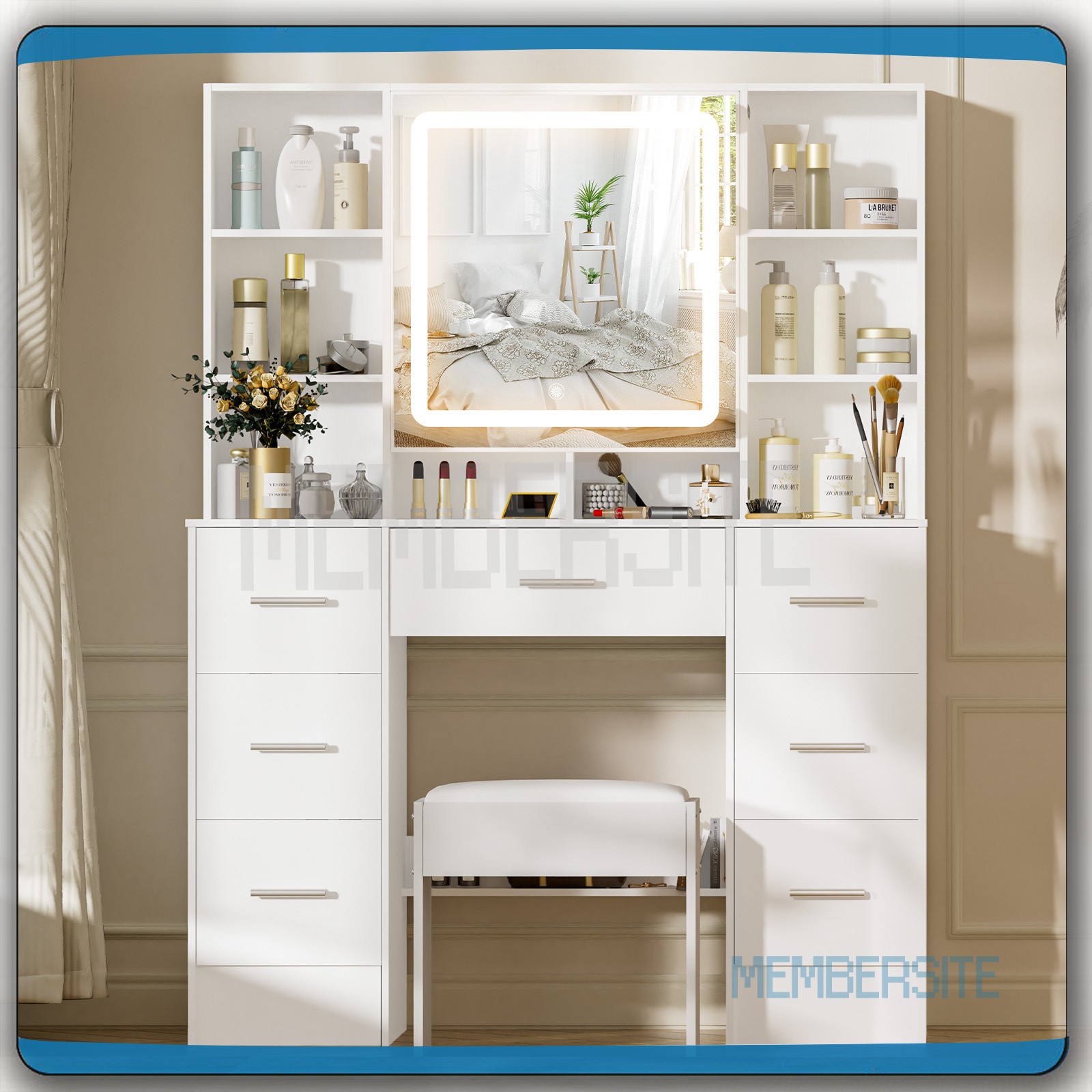 Vanity Table Stool Set w/ Openable ,Smart LED Mirror and 7 Drawers Makeup Vanity