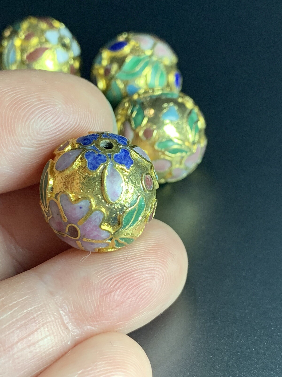 ONE Large Vintage Chinese Enamel Cloisonné Gold Bead Leaves Flowers Round 16mm