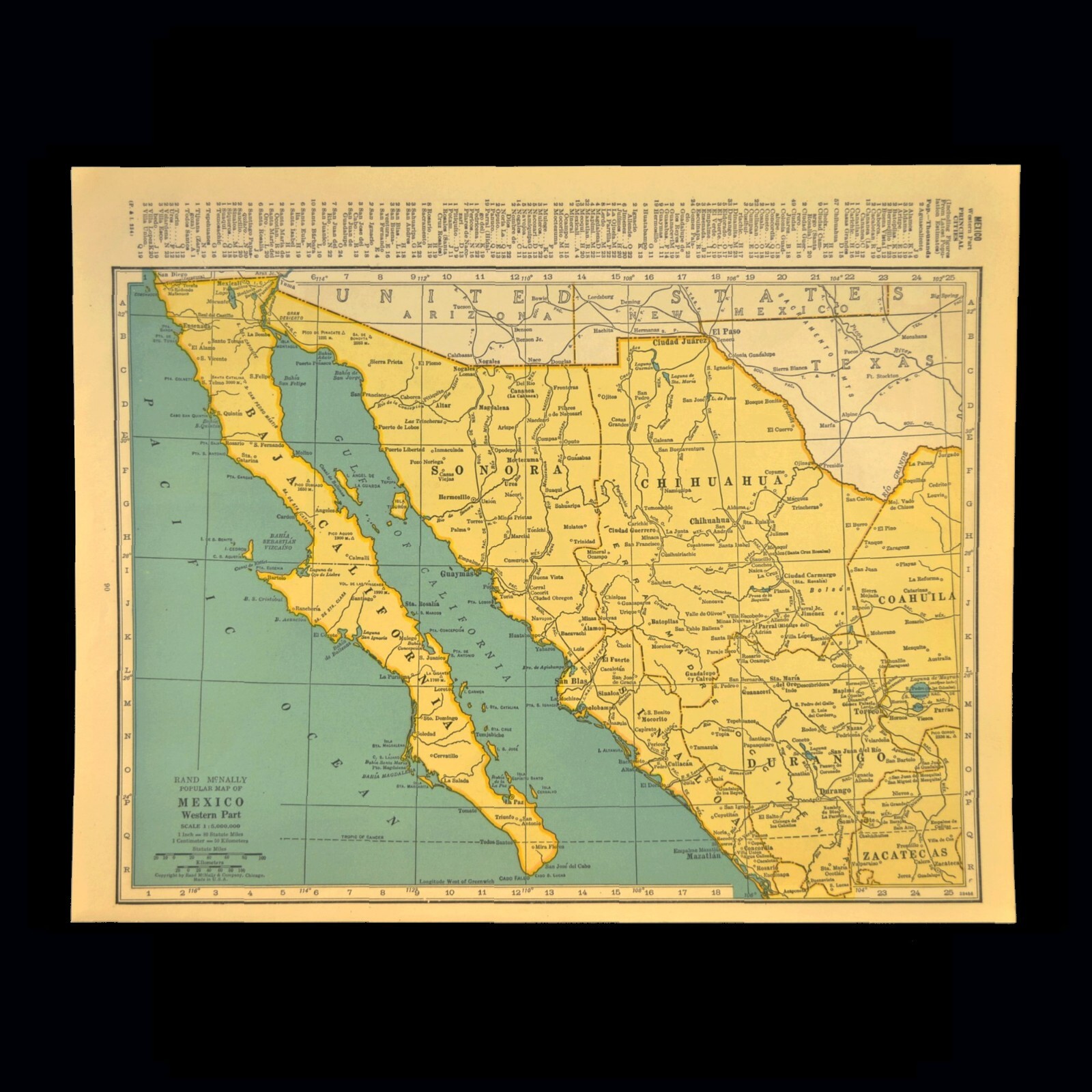 Vintage WESTERN MEXICO Map Original Baja California Mazatlan Chihuahua Durango