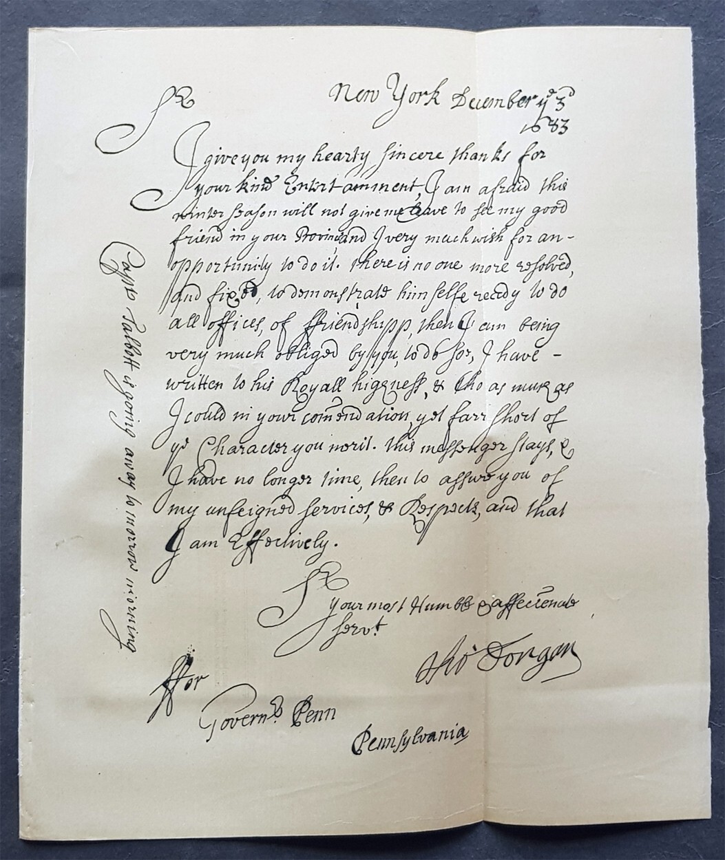 1869 D T Valentine Antique Print Reissue of a Letter from Governor Penn in 1683