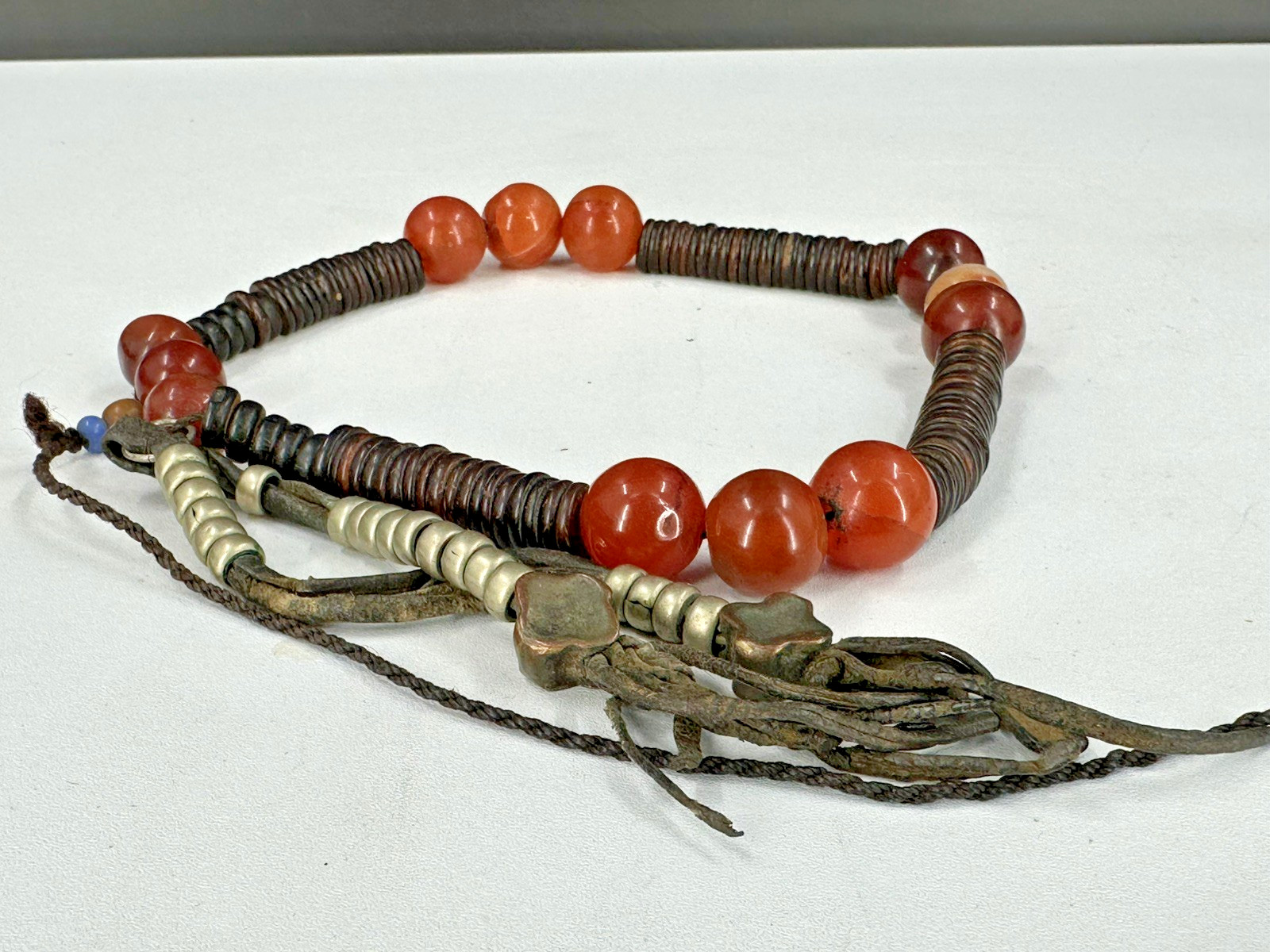 Antique Tibetan Chinese Buddhist Coconut Shell Mala Beads Carnelian Silver 108