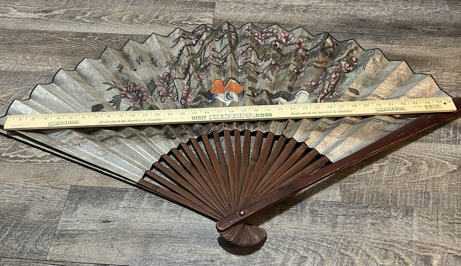 Antique? Vintage? Hand Painted Birds Trees Oriental Folding Fan Beautiful Large!