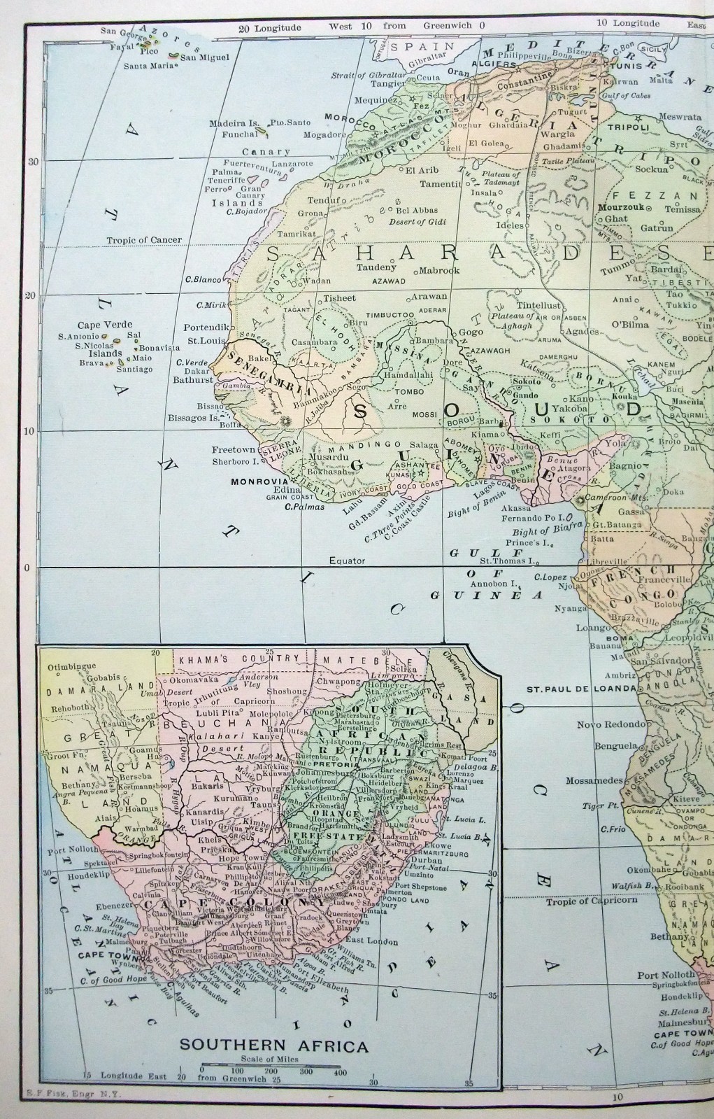 Africa – Original 1895 Map by Hunt & Eaton. Antique