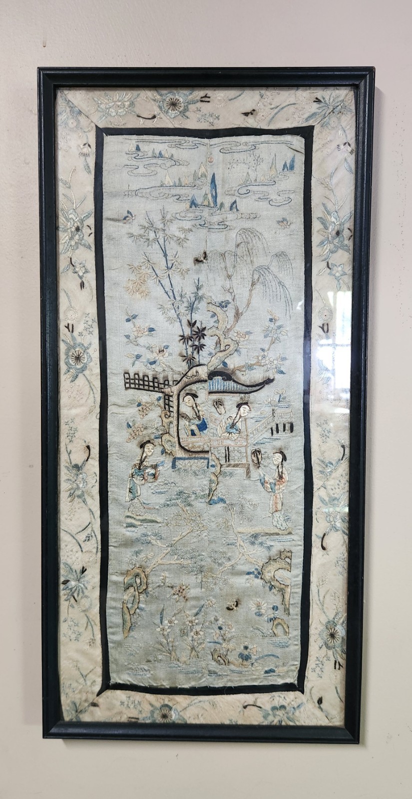 Vintage Chinese Silk Embroidery Sleeve Panel Figures in Water Garden Framed